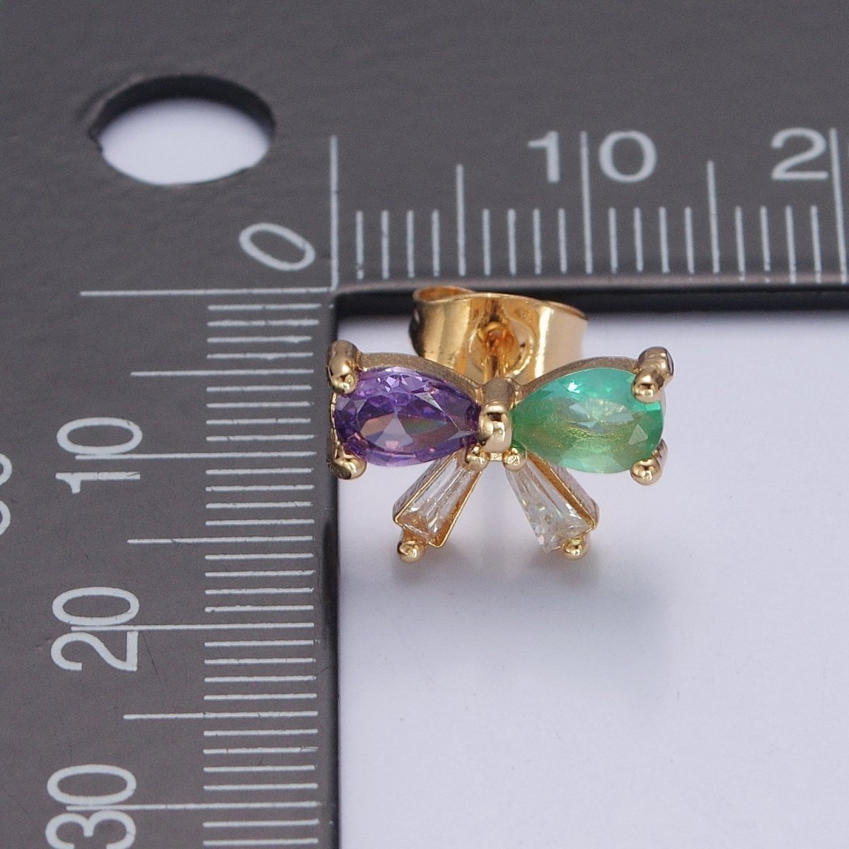 Purple Green CZ Bow Stud Earring Gold Ribbon Earring T-522