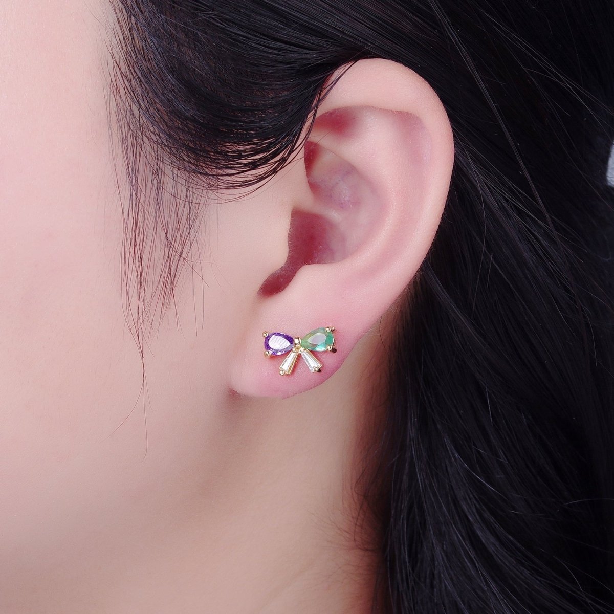 Purple Green CZ Bow Stud Earring Gold Ribbon Earring T-522