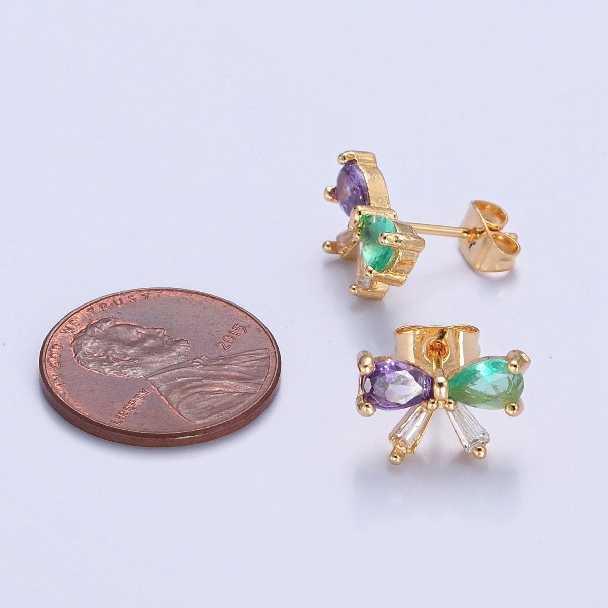 Purple Green CZ Bow Stud Earring Gold Ribbon Earring T-522