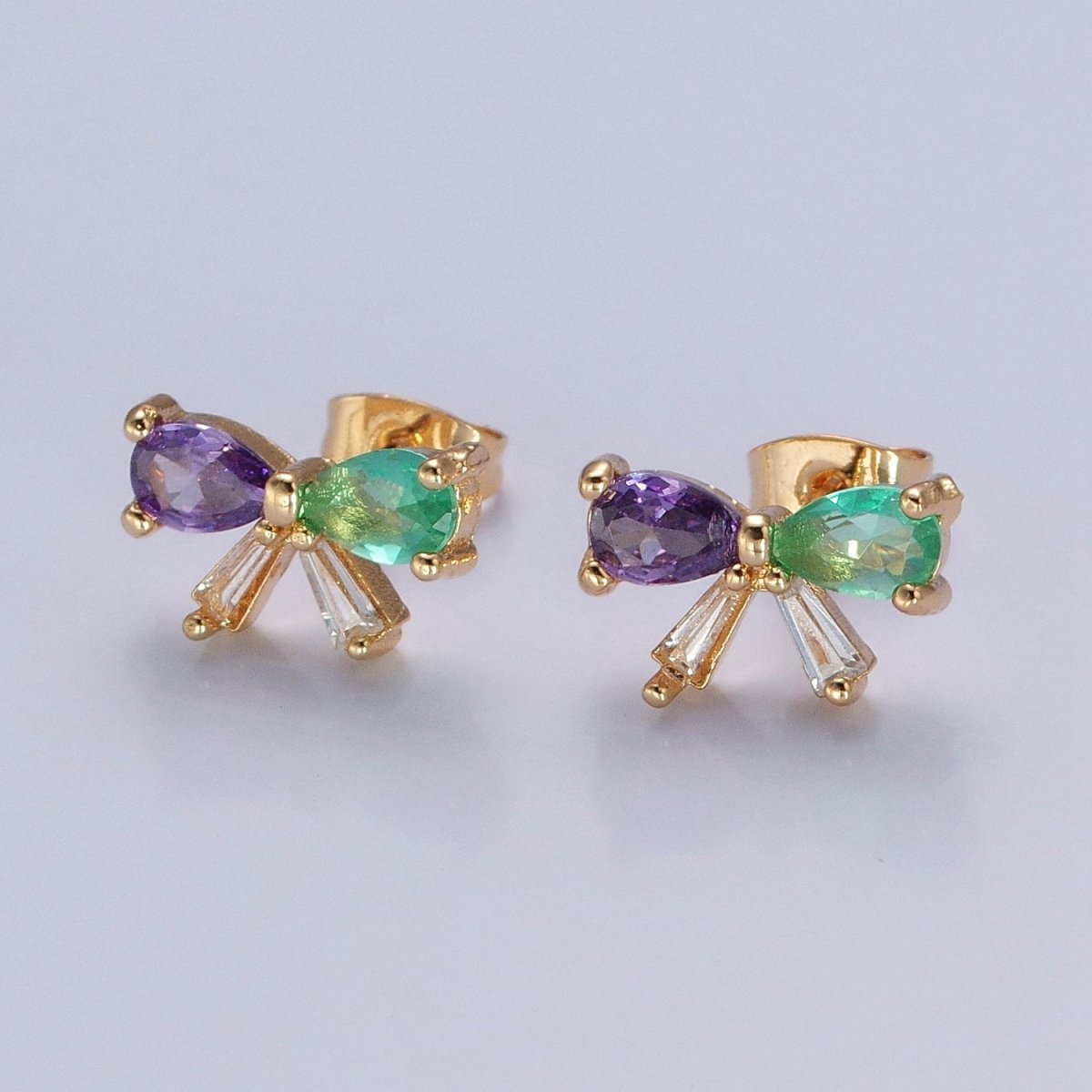 Purple Green CZ Bow Stud Earring Gold Ribbon Earring T-522