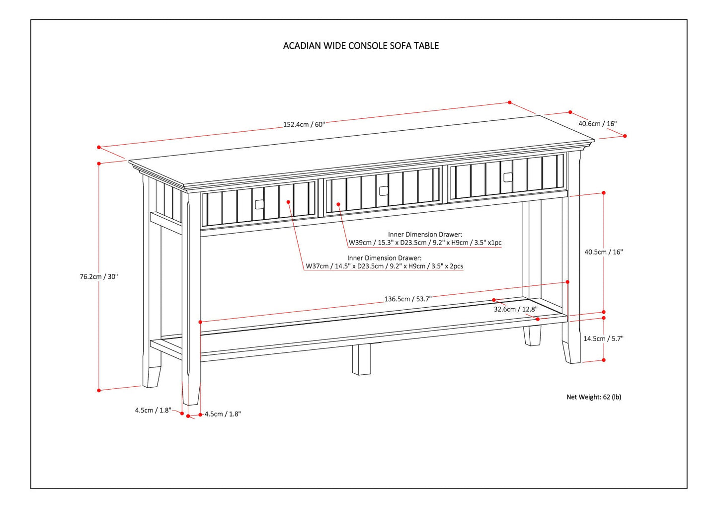 Acadian 60 Inch Wide Solid Wood Console Sofa Table
