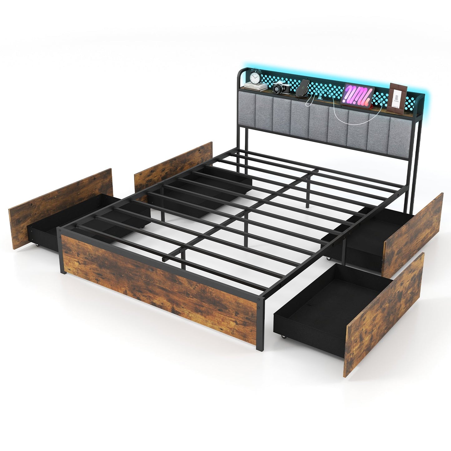 Twin/Full/Queen Bed Frame with LED Lights Upholstered Headboard and 4 Storage Drawers