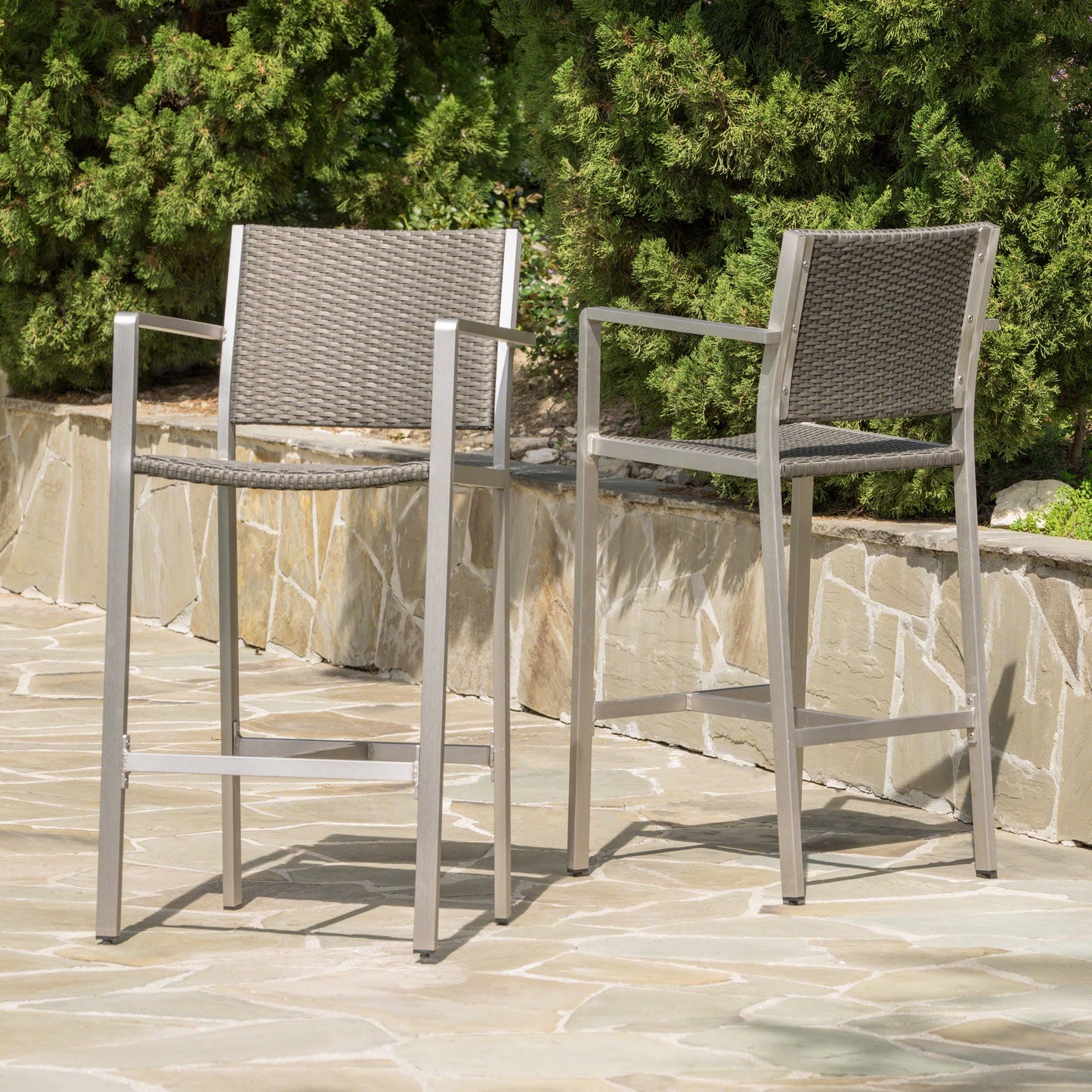 Outdoor Rust-Proof Aluminum Barstools with PE Rattan Seat - Set of 2