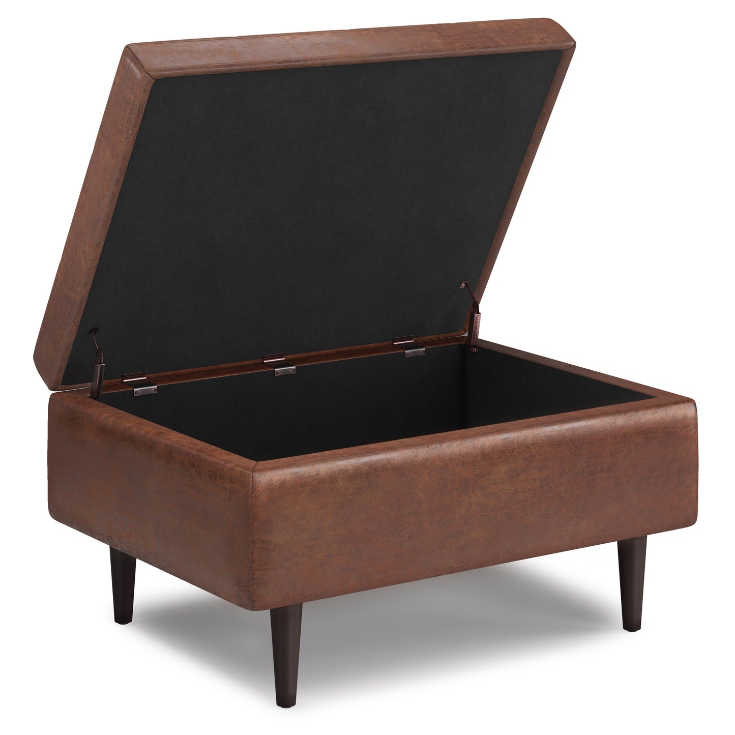 Shay 34 Inch Wide Mid-Century Small Coffee Table Storage Ottoman in Distressed Saddle