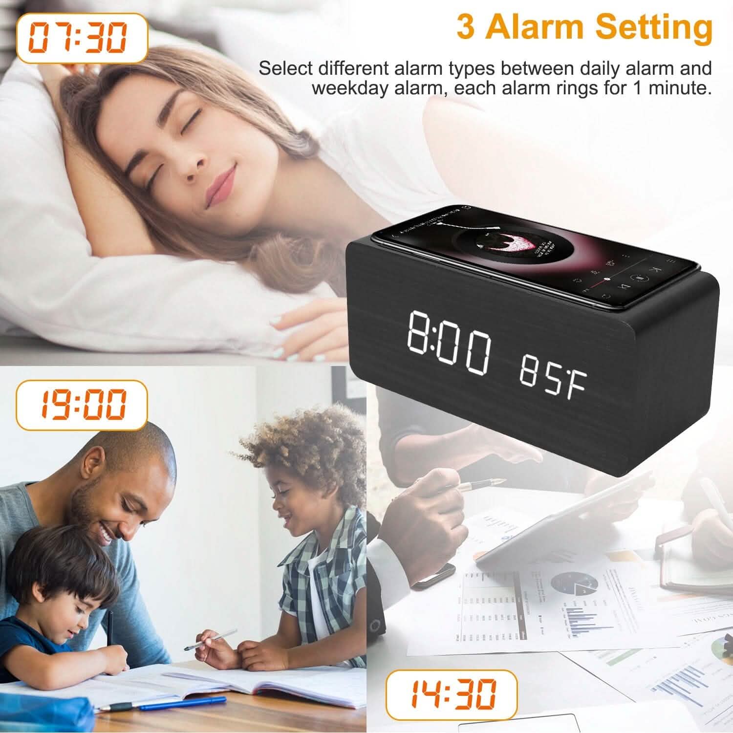 Réveil numérique avec chargeur sans fil Qi