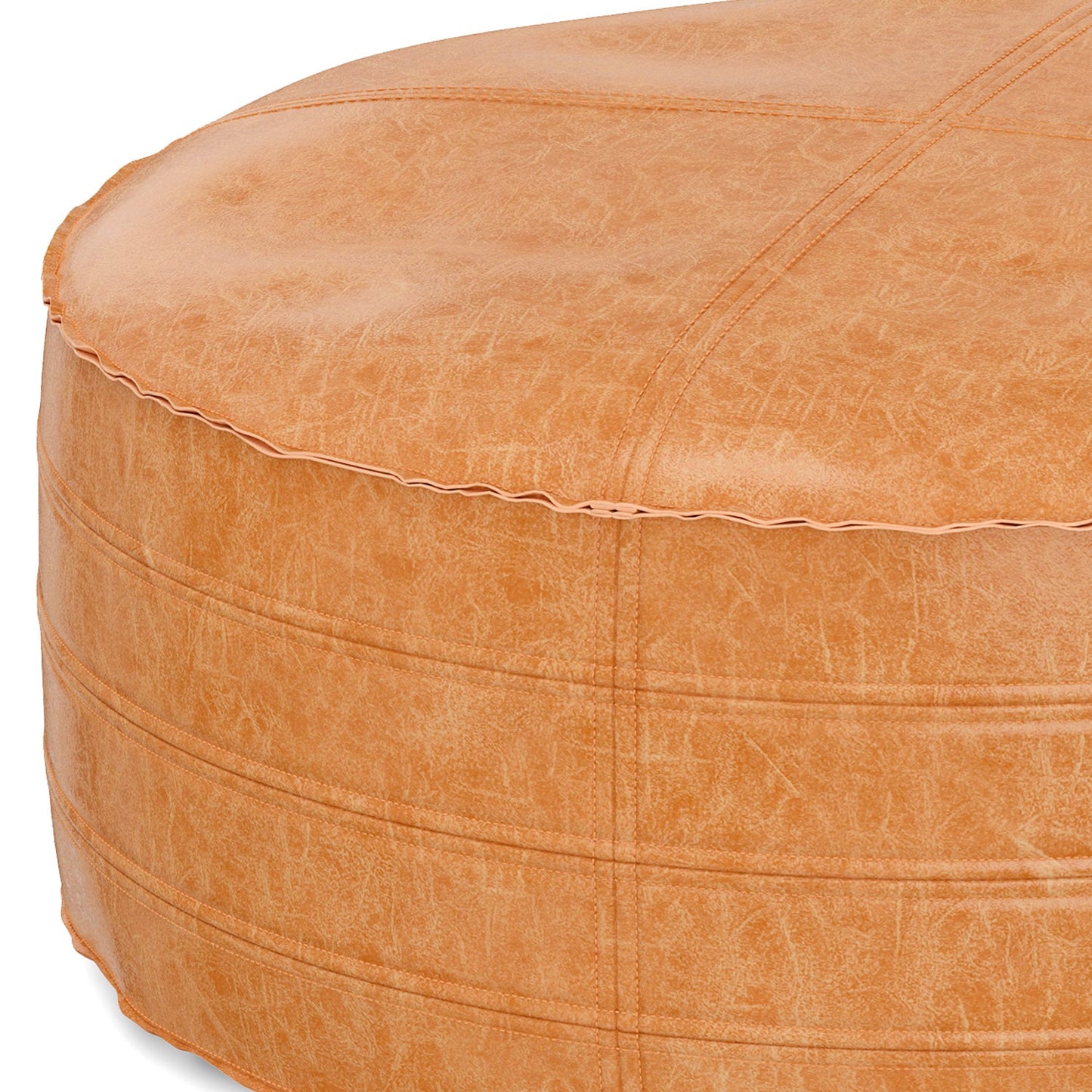 Brody 32 Inch Wide Round Coffee Table Pouf in Distressed