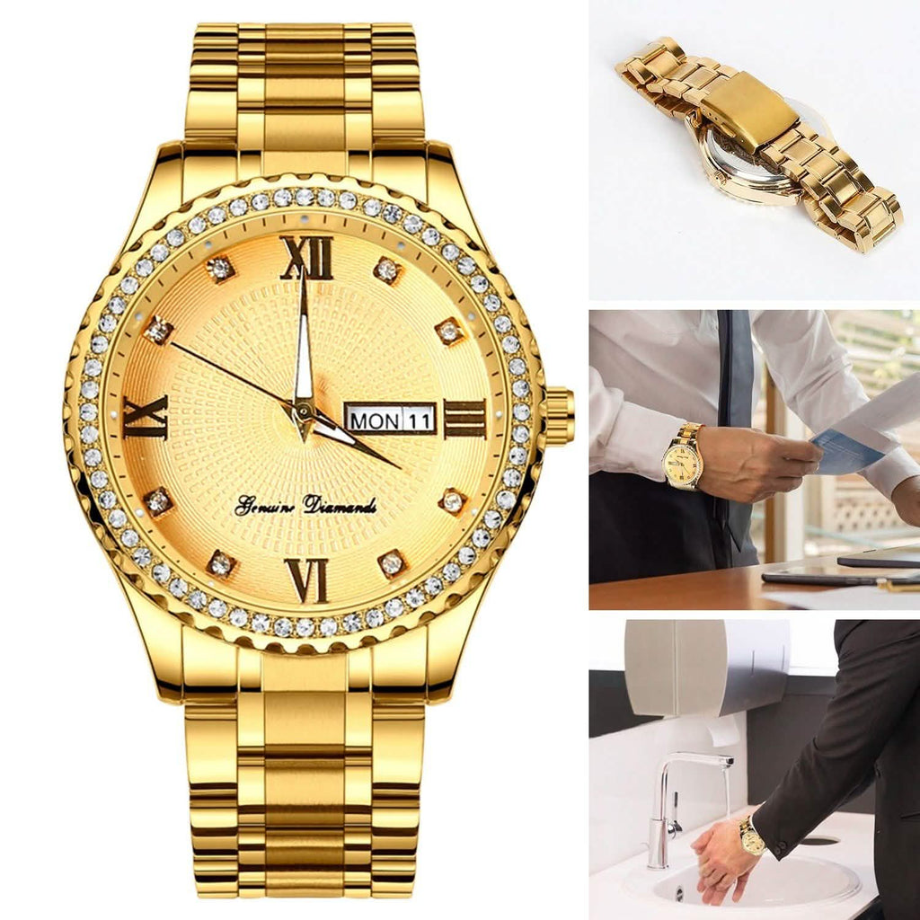 Montre à Quartz de Luxe en Acier Or avec Strass en Cristal