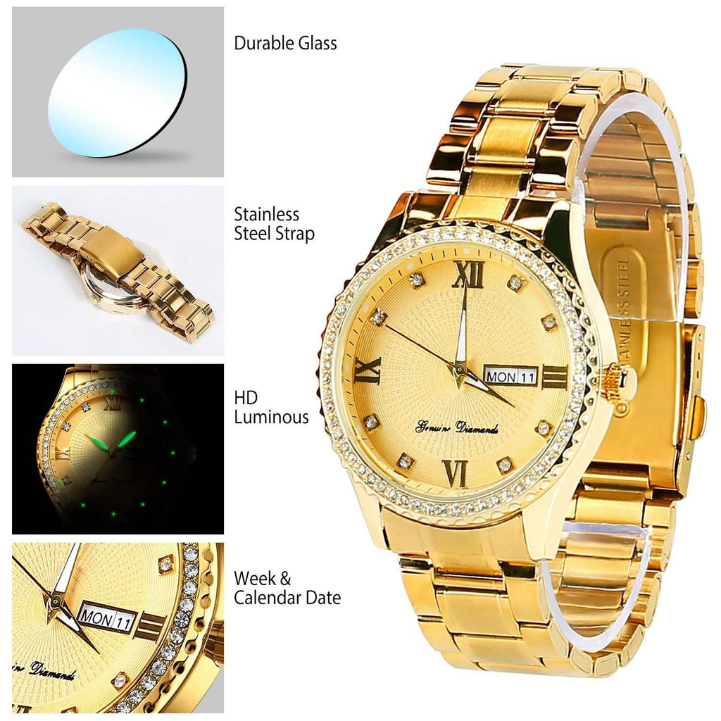 Montre à Quartz de Luxe en Acier Or avec Strass en Cristal