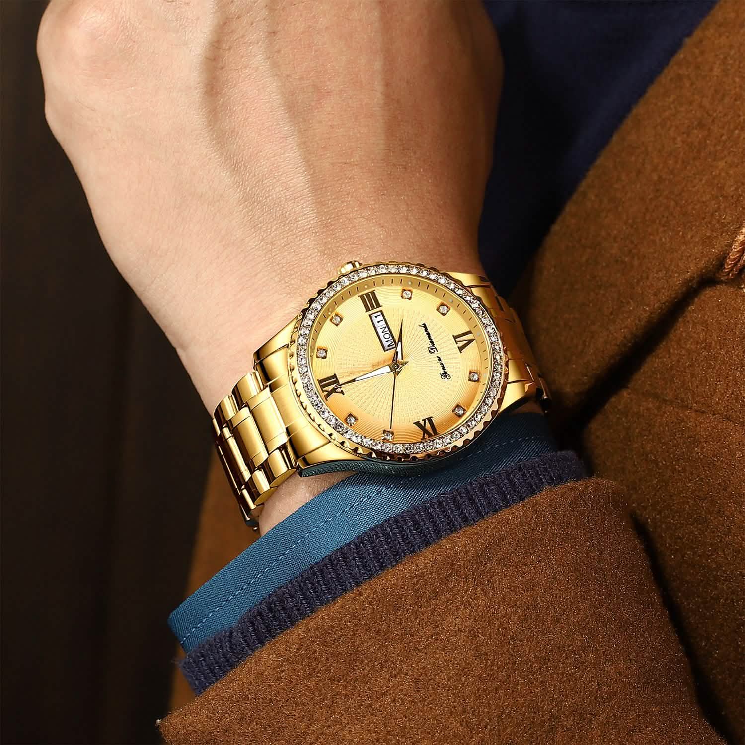 Montre à Quartz de Luxe en Acier Or avec Strass en Cristal