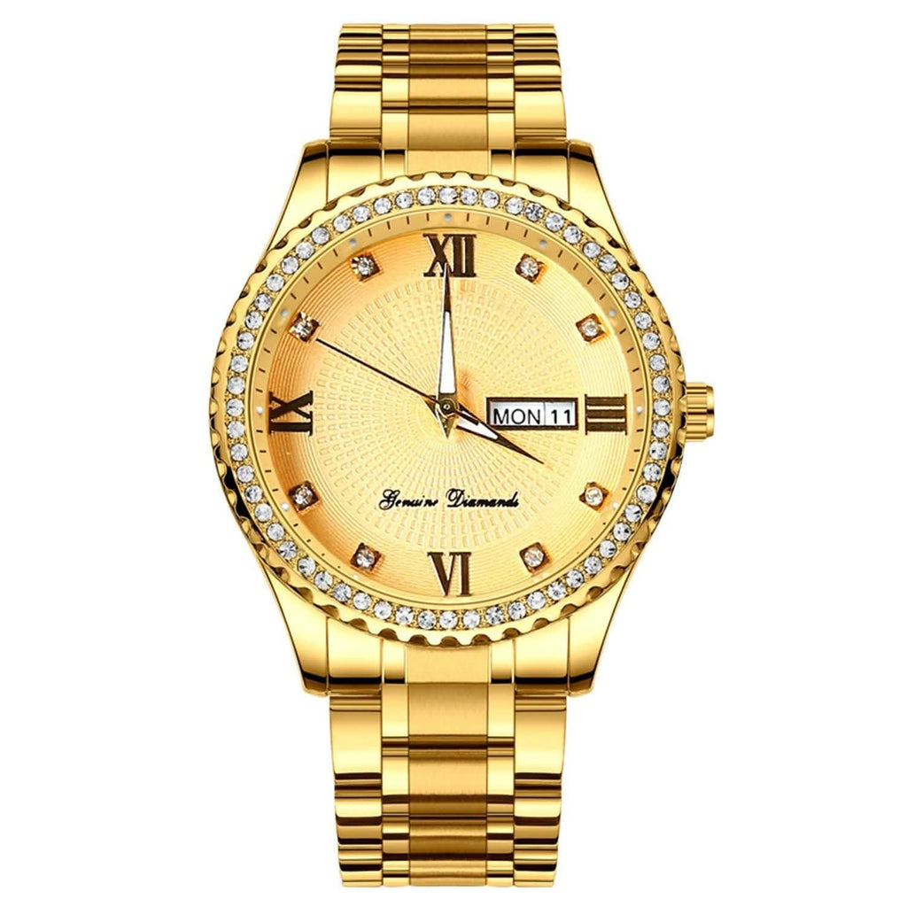 Montre à Quartz de Luxe en Acier Or avec Strass en Cristal