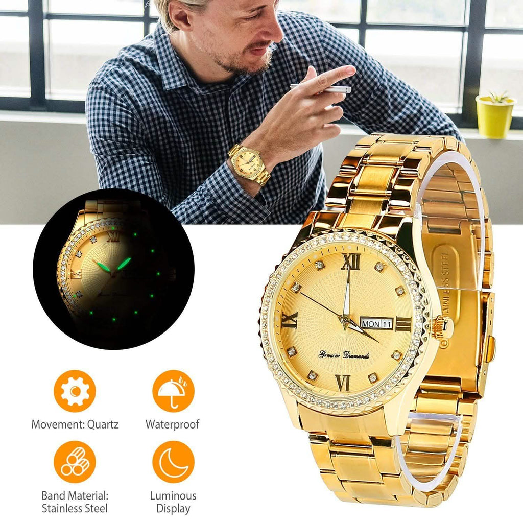 Montre à Quartz de Luxe en Acier Or avec Strass en Cristal