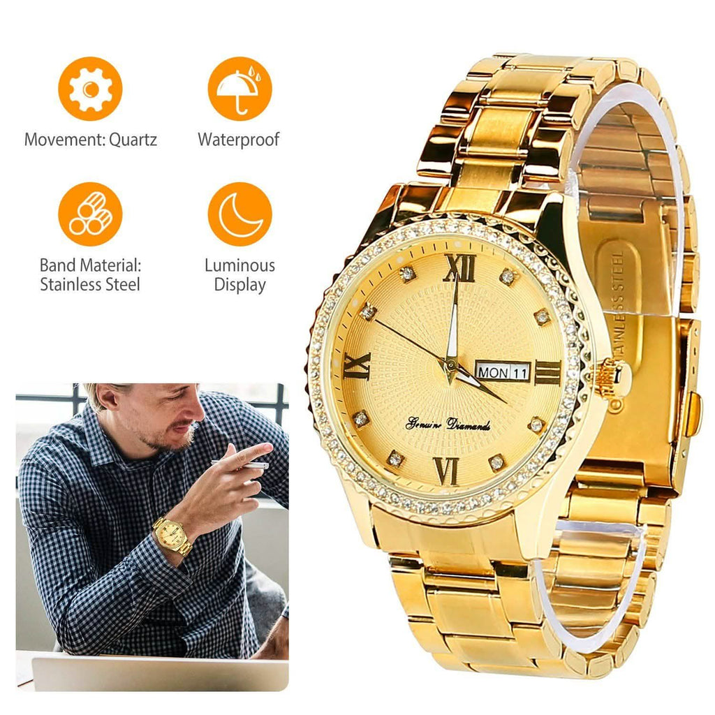 Montre à Quartz de Luxe en Acier Or avec Strass en Cristal