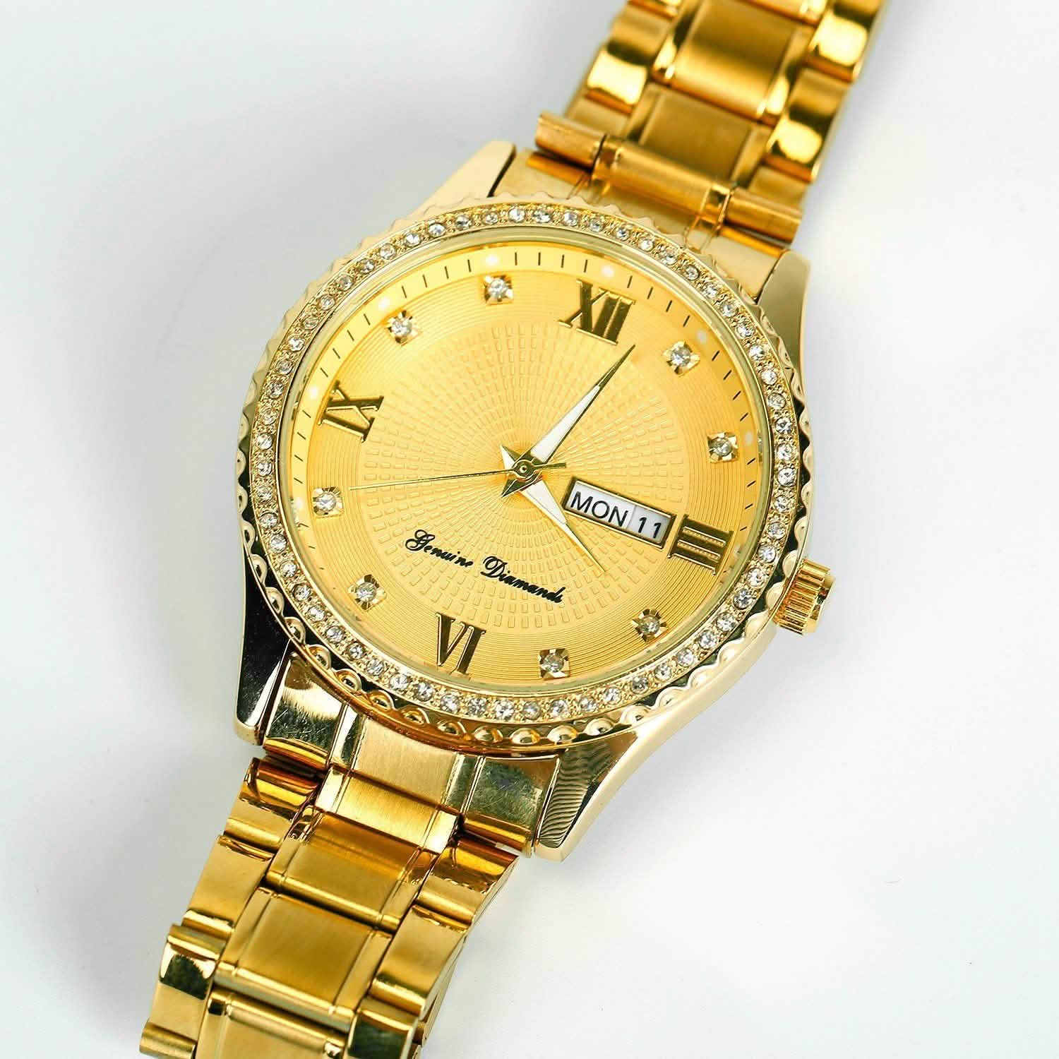 Montre à Quartz de Luxe en Acier Or avec Strass en Cristal