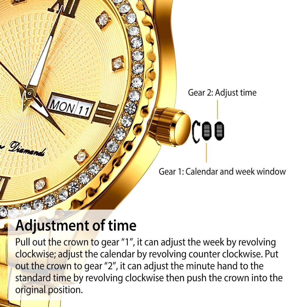 Montre à Quartz de Luxe en Acier Or avec Strass en Cristal