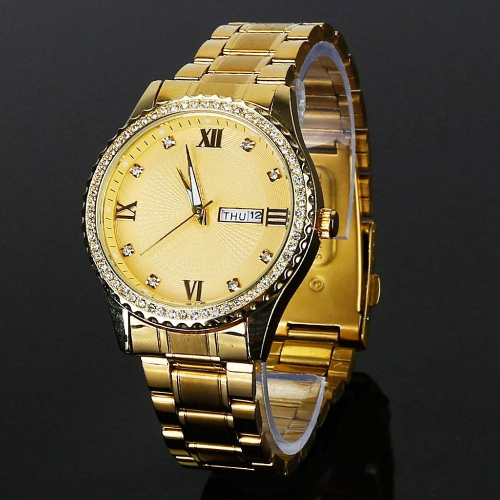 Montre à Quartz de Luxe en Acier Or avec Strass en Cristal