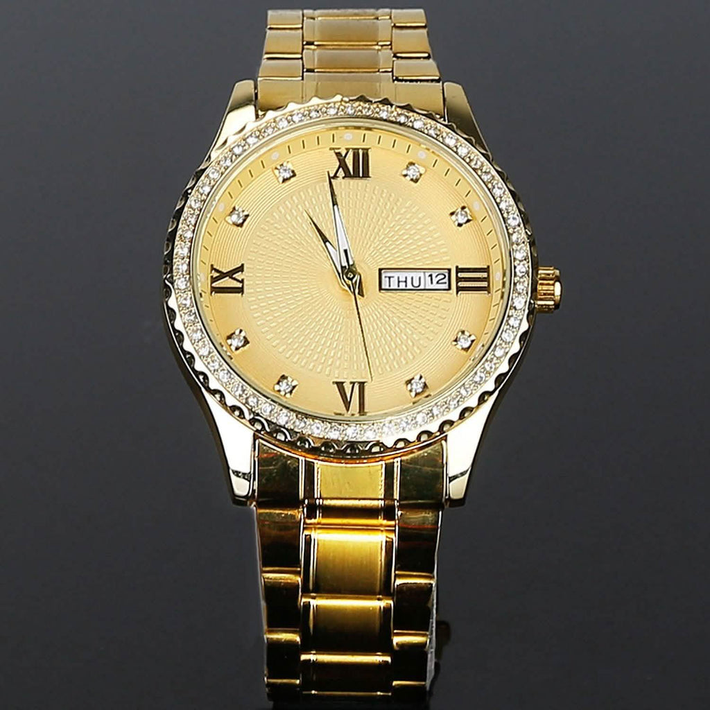 Montre à Quartz de Luxe en Acier Or avec Strass en Cristal