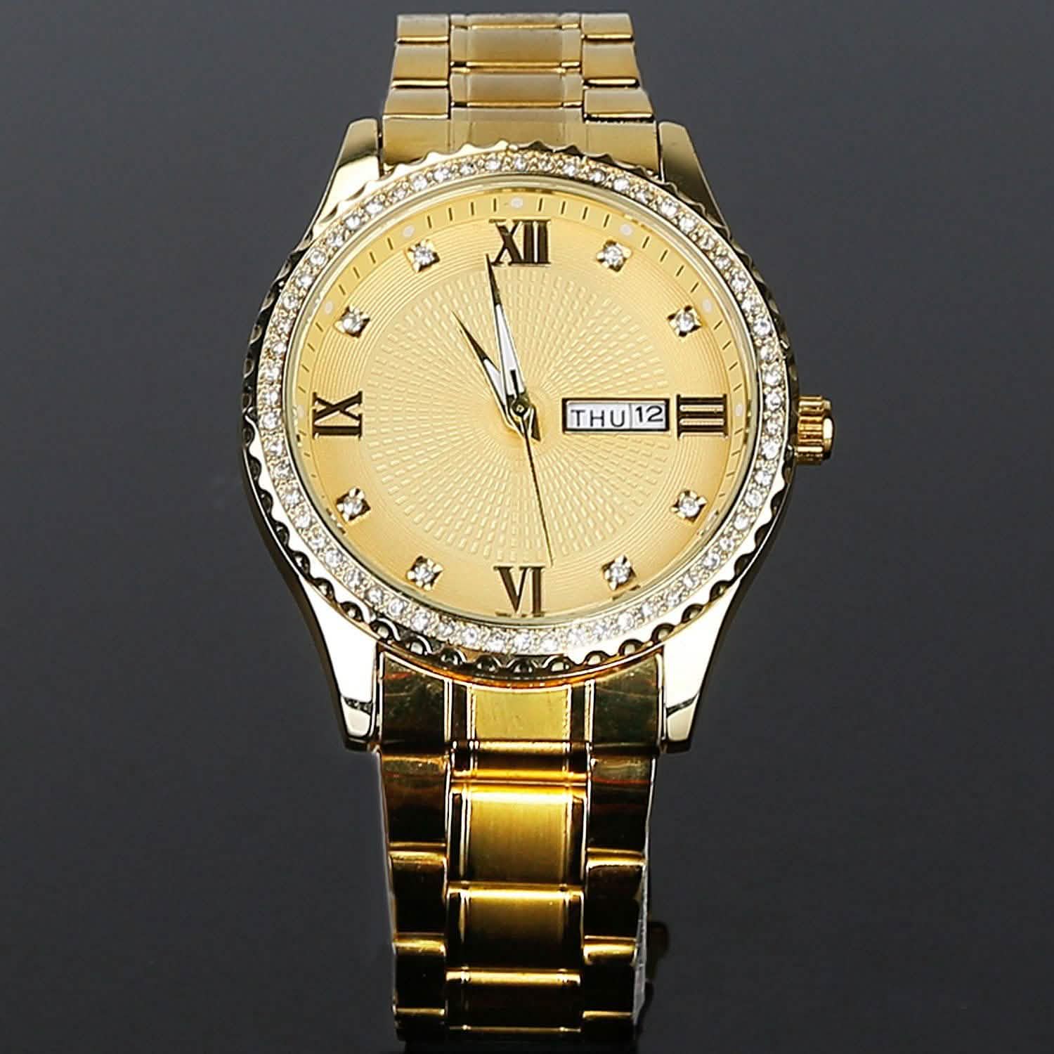 Montre à Quartz de Luxe en Acier Or avec Strass en Cristal