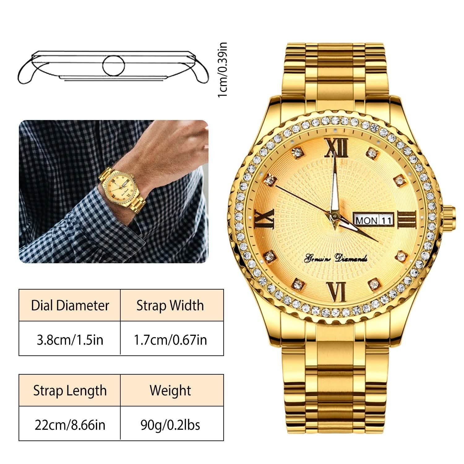 Montre à Quartz de Luxe en Acier Or avec Strass en Cristal