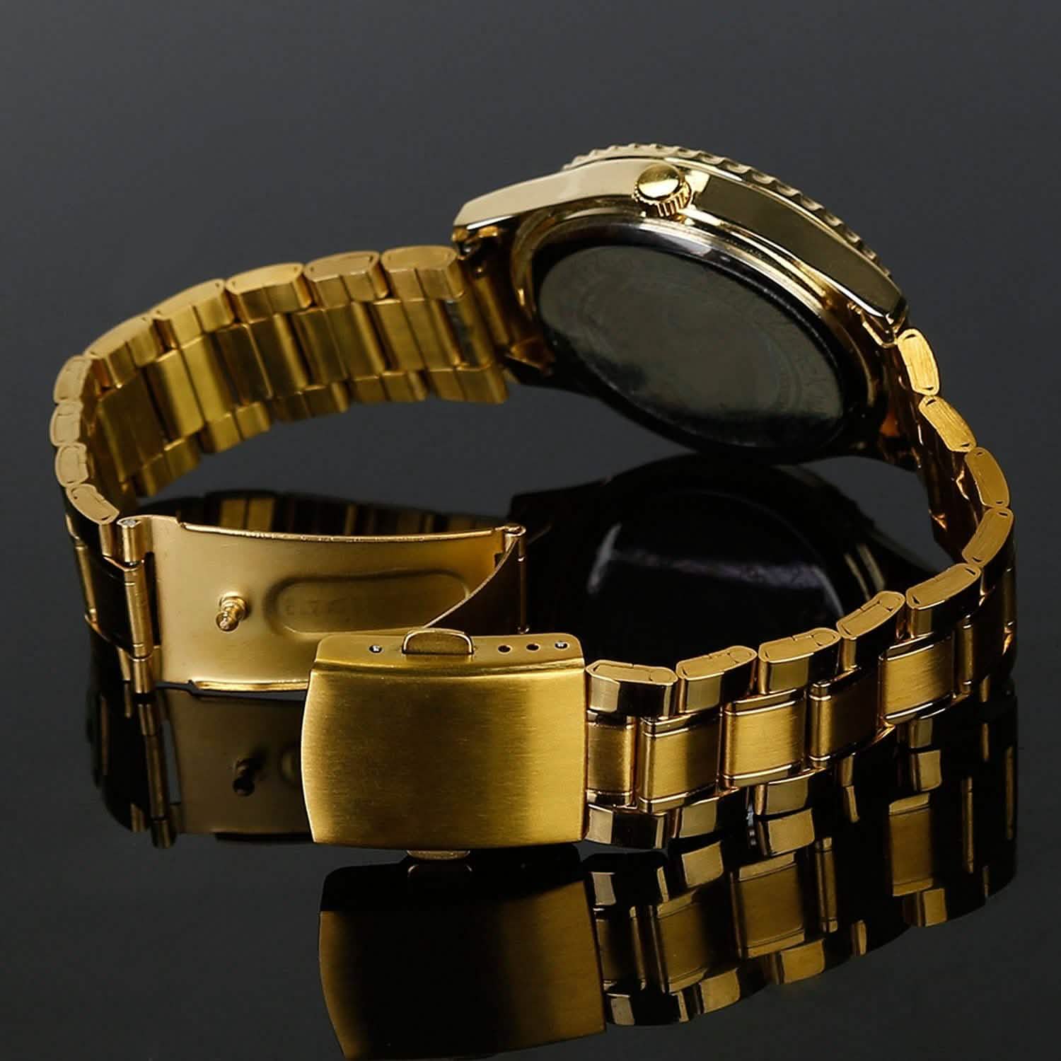 Montre à Quartz de Luxe en Acier Or avec Strass en Cristal