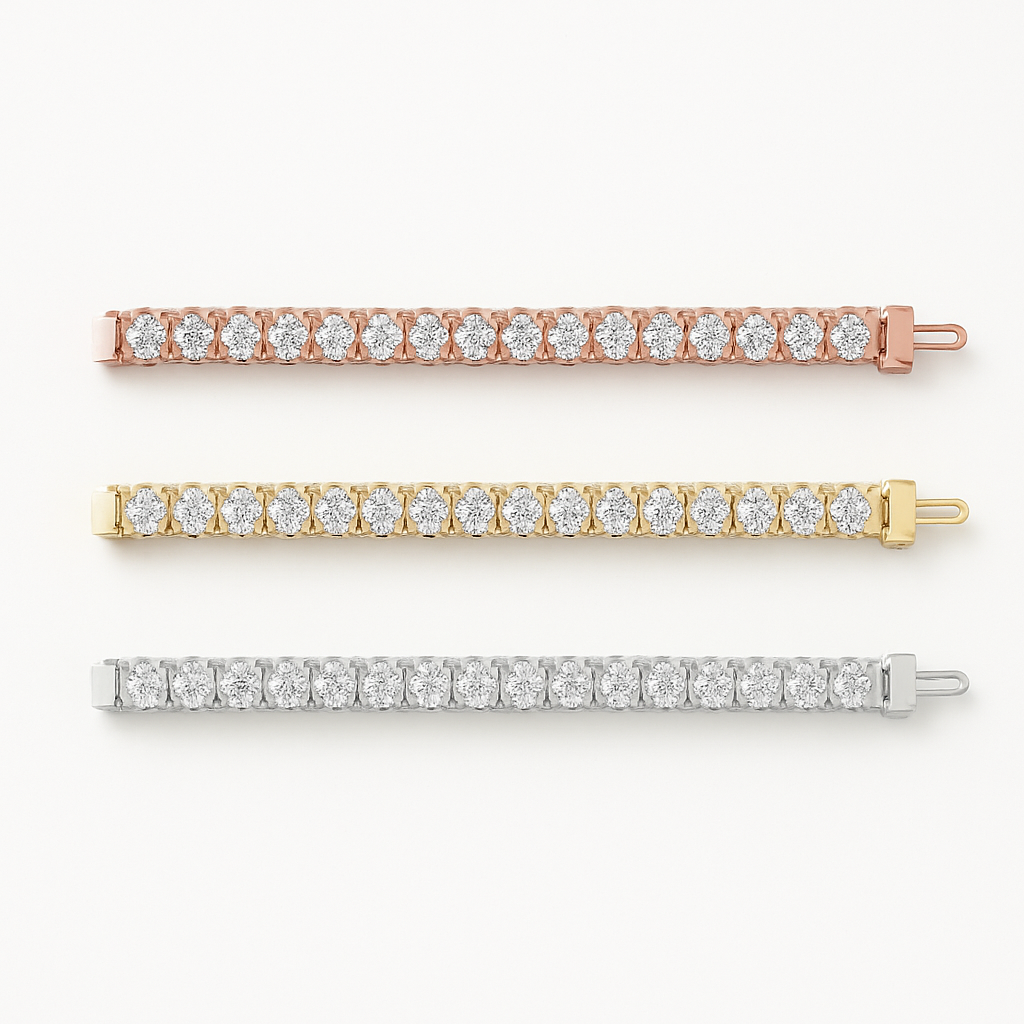 Set of Three 6ctw Created Moissanite Tennis Bracelets – 3mm Stones – 14K Gold Overlay in White, Yellow & Rose Gold