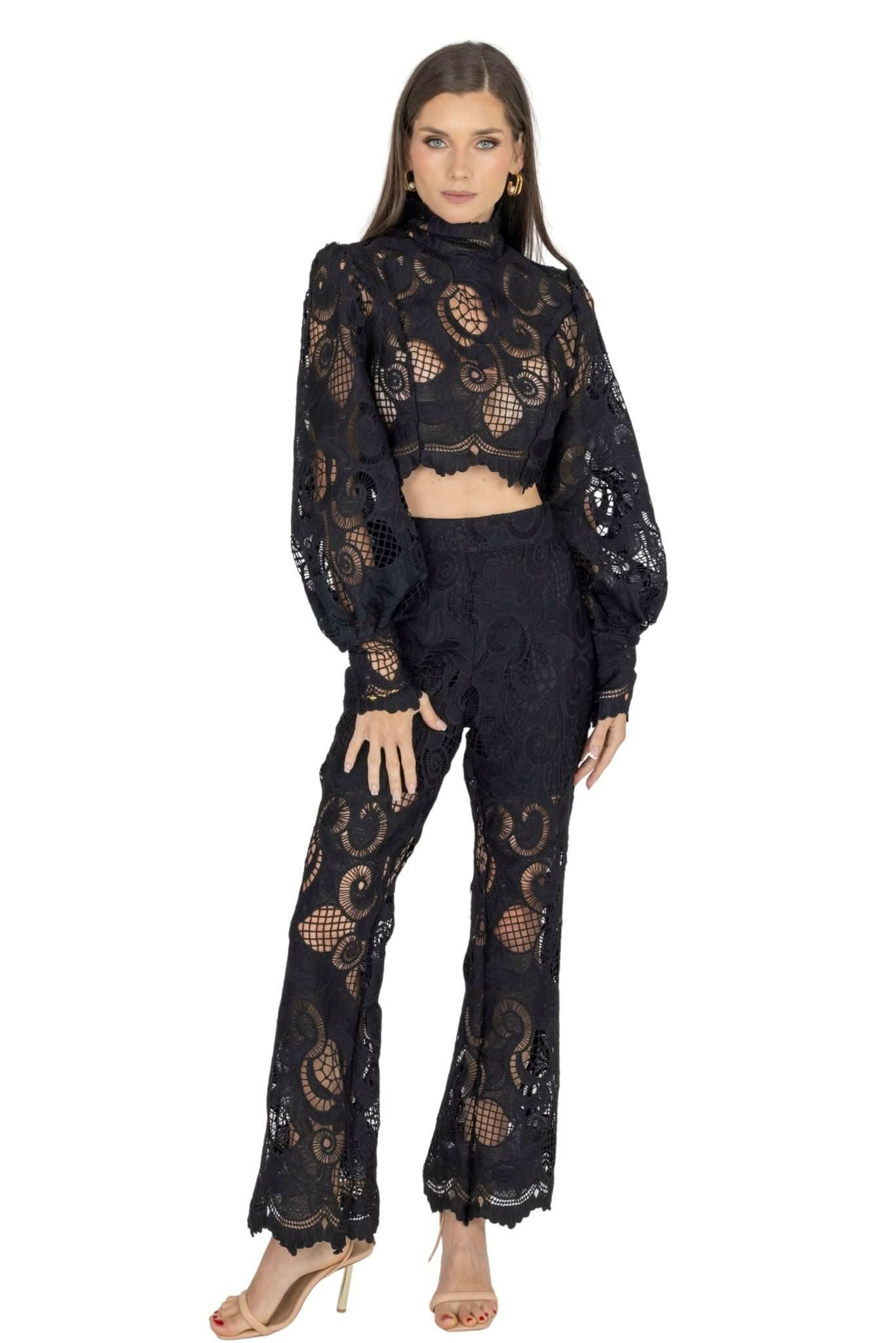 Rebecca Guipure Lace Top & Pant Set In Black