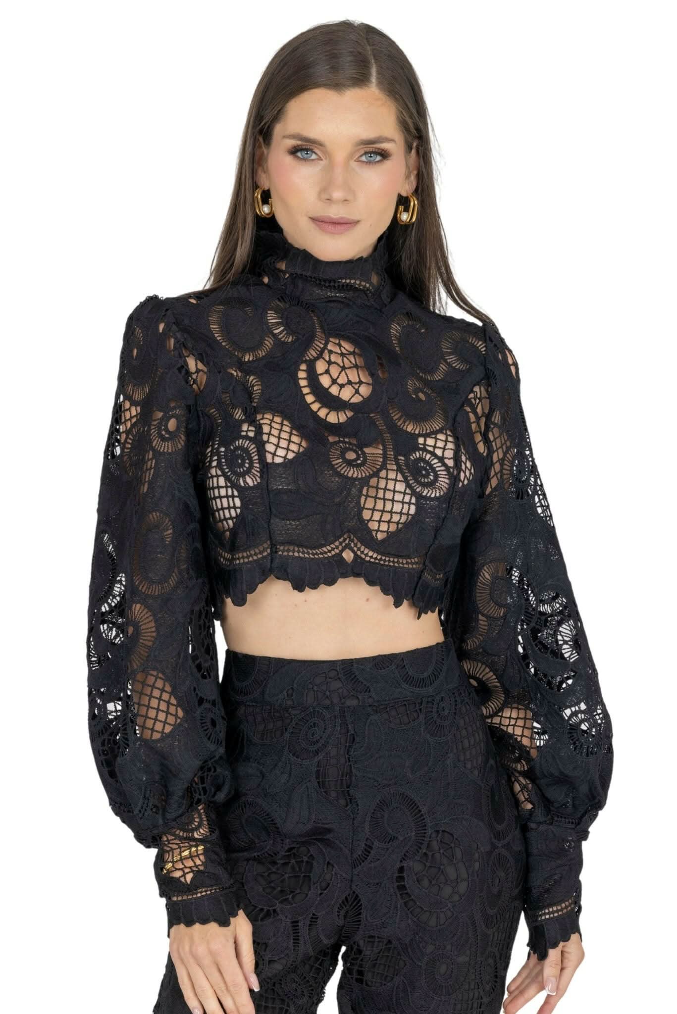 Rebecca Guipure Lace Top & Pant Set In Black