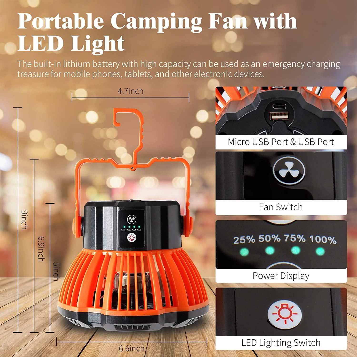Ventilateur de camping rechargeable avec lanterne LED et télécommande IR
