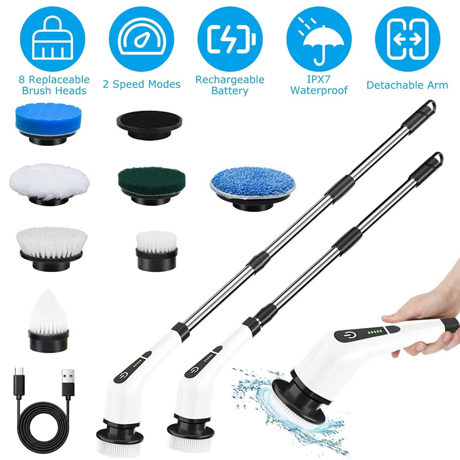 Rechargeable Electric Spin Scrubber 8 Brush Replaceable Heads 2 Speed