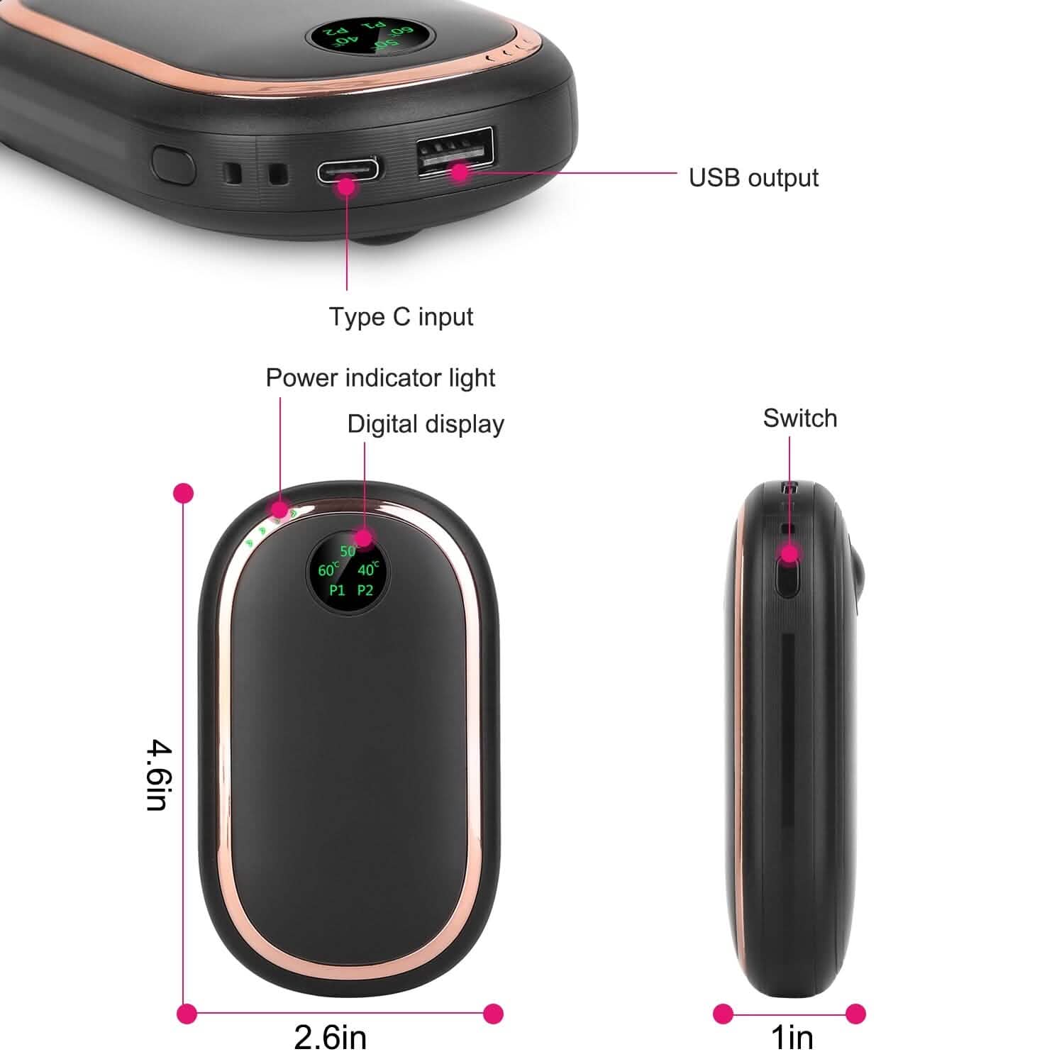 Rechargeable Hand Heater Pocket Warmer Power Bank with Digital Display