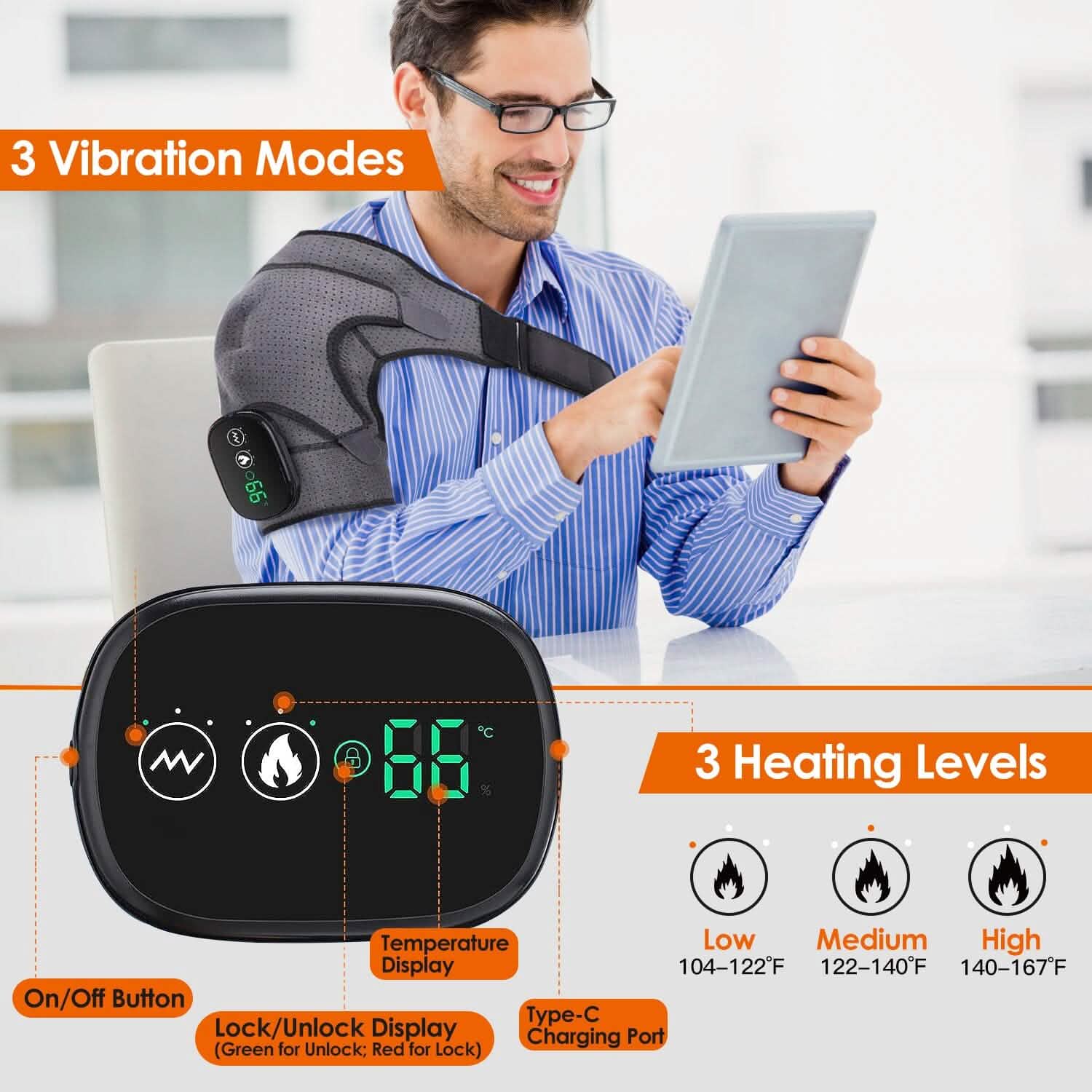 Rechargeable Heated Shoulder Wrap Massager Shoulder Brace Support with 3 Heating Levels