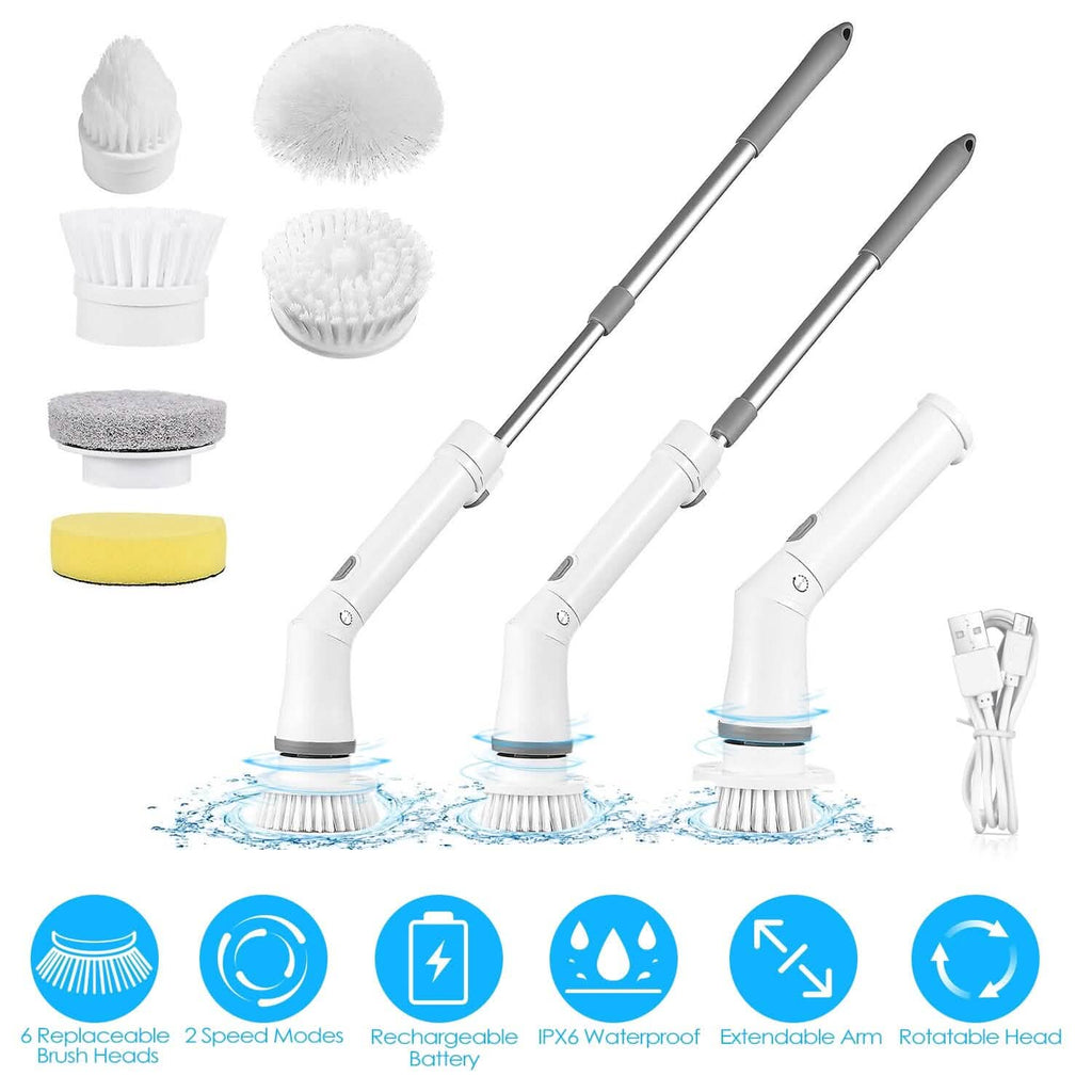 Brosse de nettoyage télescopique rechargeable 6 têtes interchangeables Bras extensible réglable à 2 vitesses