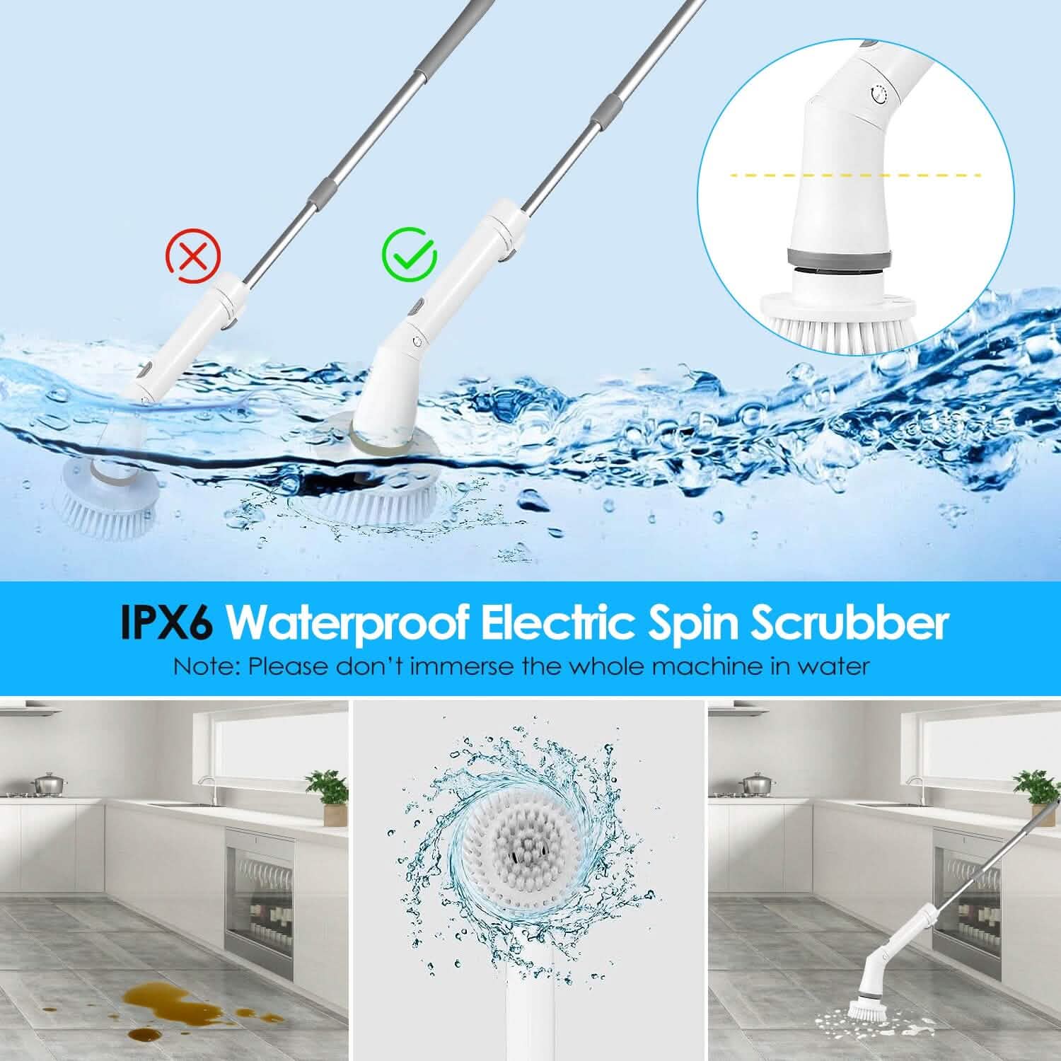 Brosse de nettoyage télescopique rechargeable 6 têtes interchangeables Bras extensible réglable à 2 vitesses