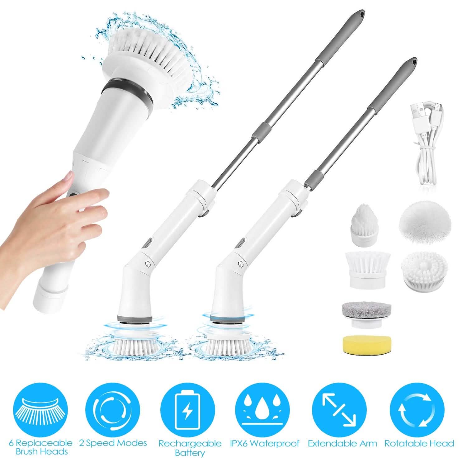 Brosse de nettoyage télescopique rechargeable 6 têtes interchangeables Bras extensible réglable à 2 vitesses