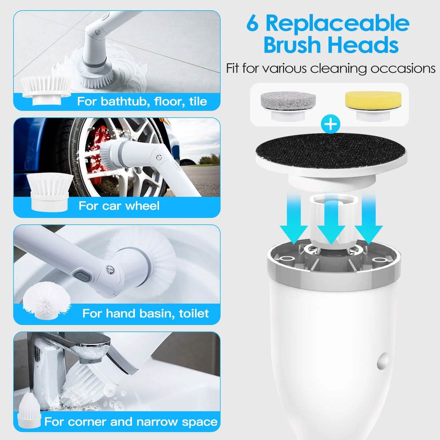 Brosse de nettoyage télescopique rechargeable 6 têtes interchangeables Bras extensible réglable à 2 vitesses