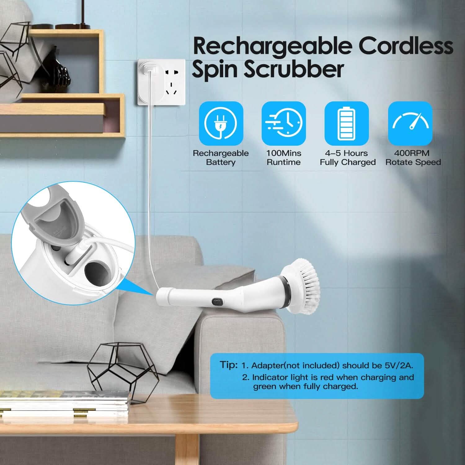 Brosse de nettoyage télescopique rechargeable 6 têtes interchangeables Bras extensible réglable à 2 vitesses