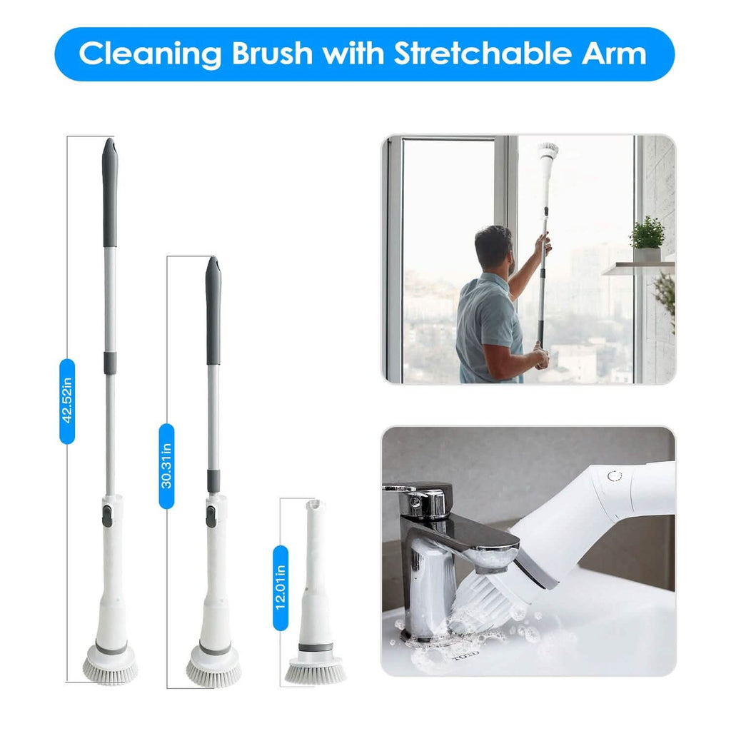 Brosse de nettoyage télescopique rechargeable 6 têtes interchangeables Bras extensible réglable à 2 vitesses