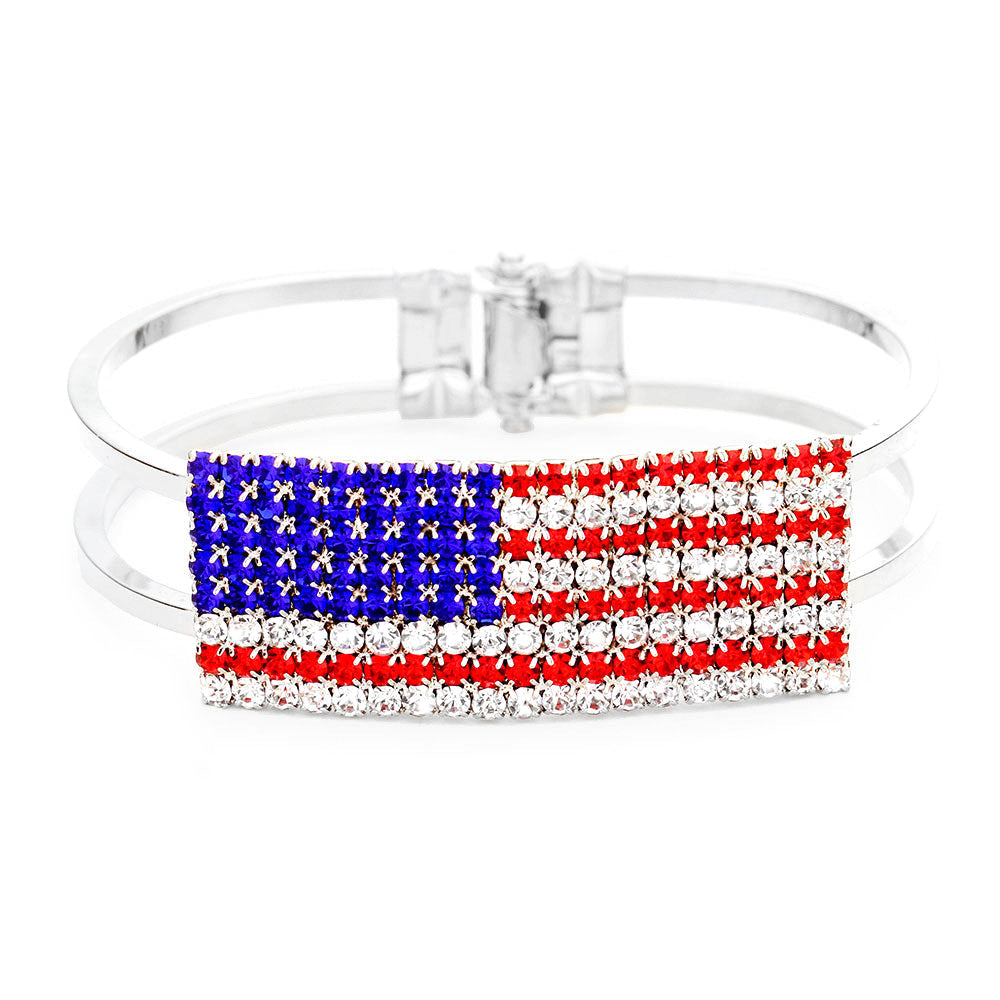 Women's Red, White & Blue Crystal Pave American Flag Hinged Bracelet 4th of July