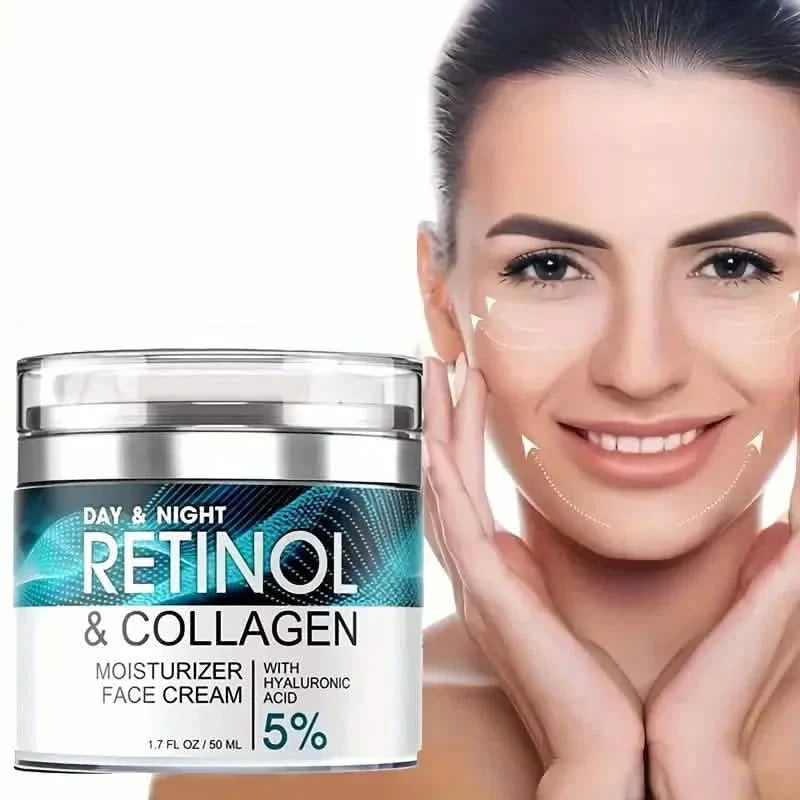 Crème Hydratante au Rétinol avec Collagène, Acide Hyaluronique, Vitamines C+E, Apaise les Peaux Sèches