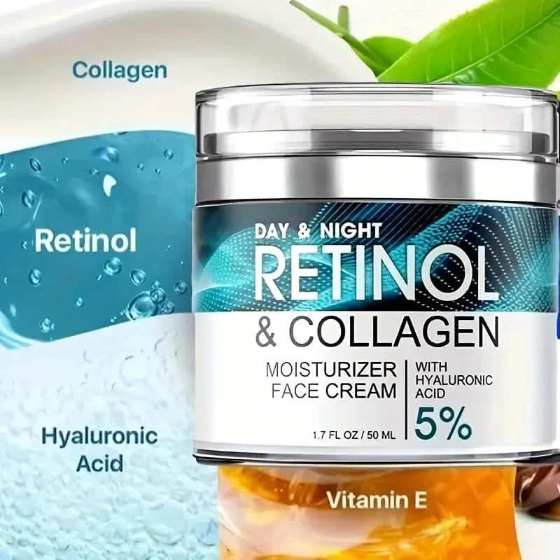 Crème Hydratante au Rétinol avec Collagène, Acide Hyaluronique, Vitamines C+E, Apaise les Peaux Sèches