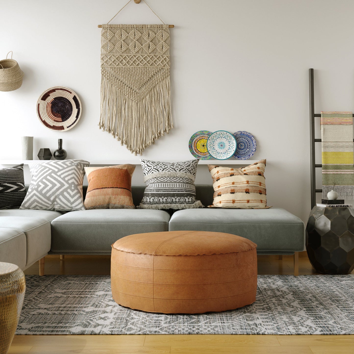 Brody 32 Inch Wide Round Coffee Table Pouf in Distressed