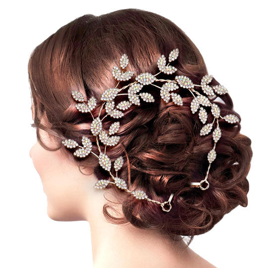 Rhinestone Embellished Leaf Cluster Vine Bun Wrap Headpiece