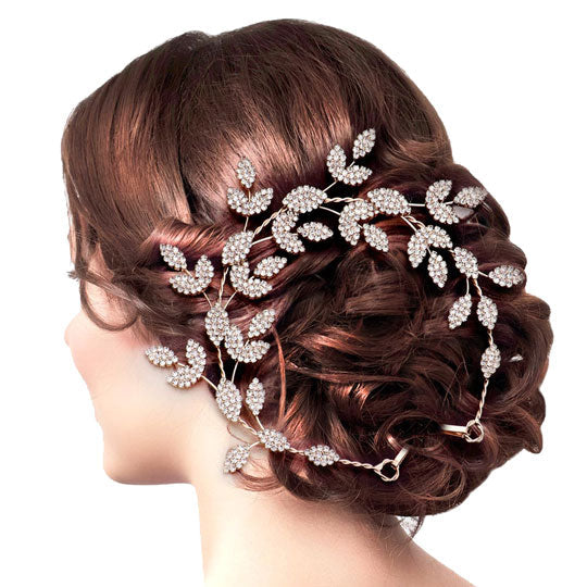 Rhinestone Embellished Leaf Cluster Vine Bun Wrap Headpiece