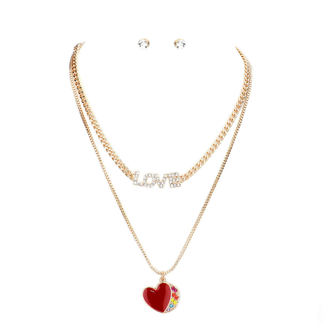 Rhinestone LOVE Message Enamel Heart Pendant Jewelry Set