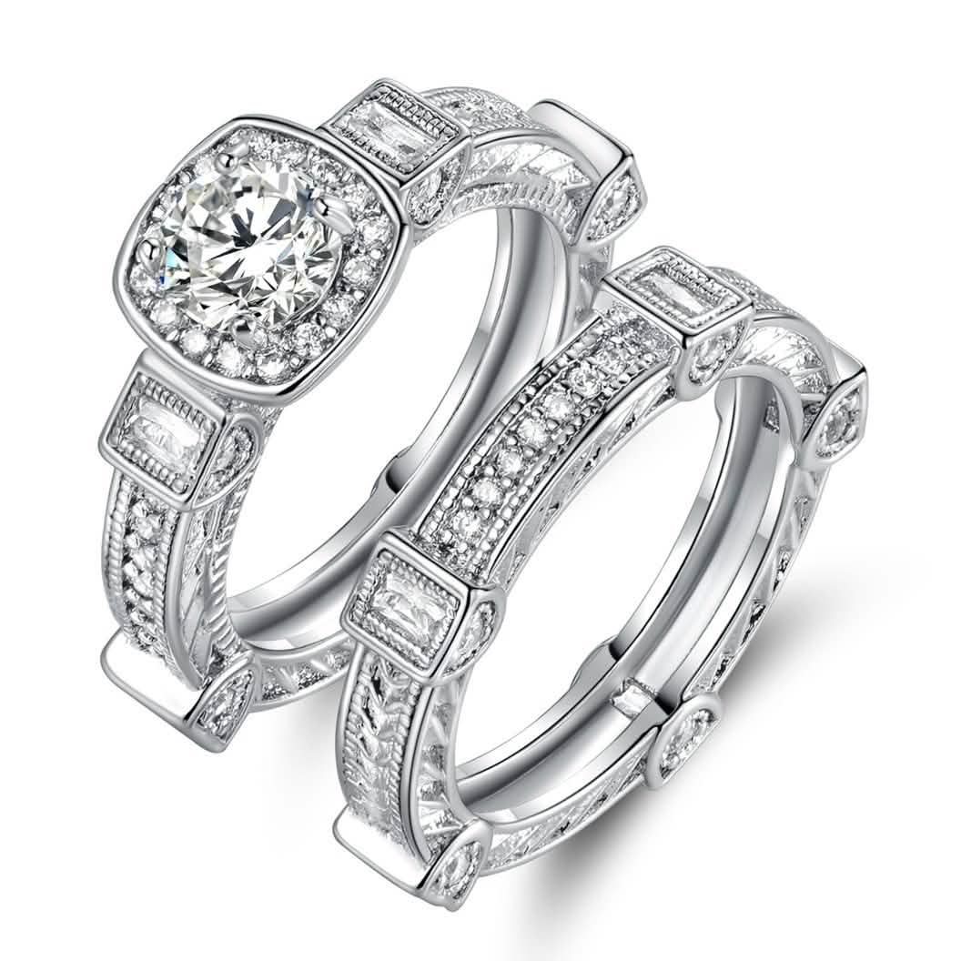Parure de bague de fiançailles en oxyde de zirconium plaqué rhodium – Tailles assorties