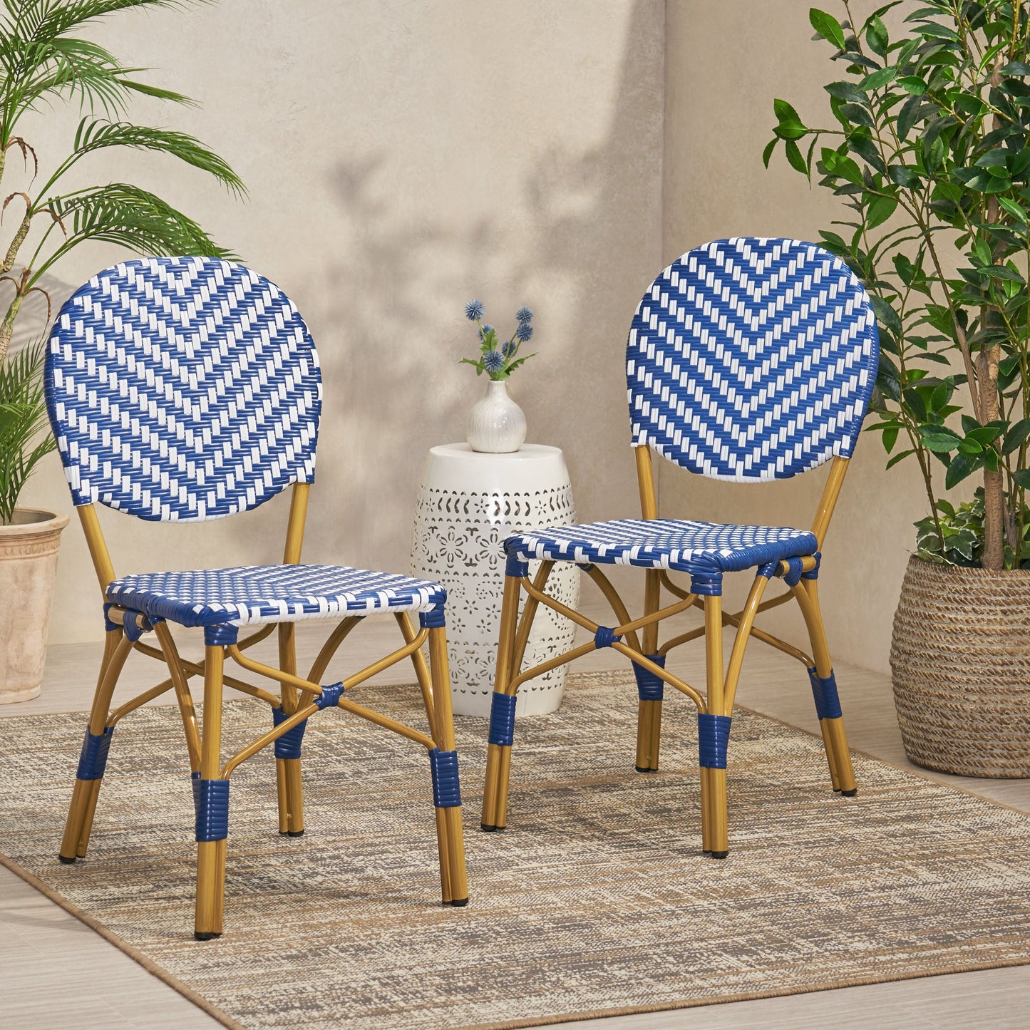 Outdoor PE Ratten and Aluminum French Armless Bistro Chairs, Set of 2