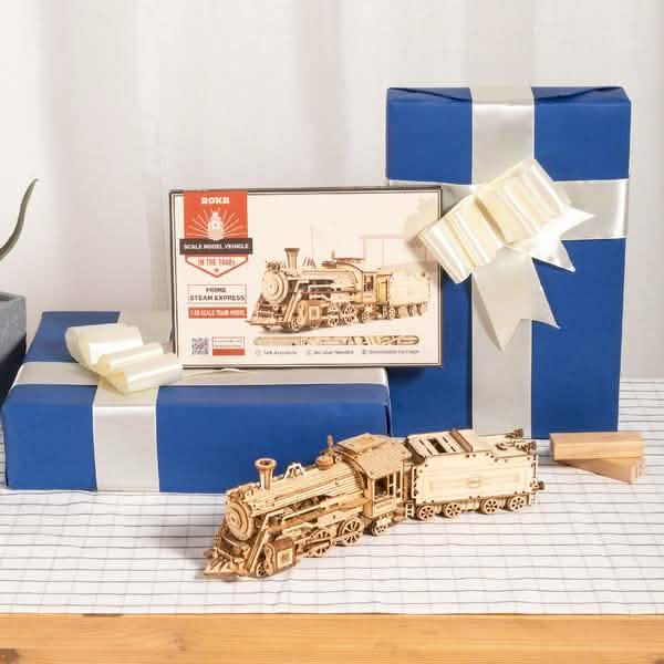Robotime 308 Pièces DIY Jouet Maquette de Train à Vapeur en Bois Mobile 3D