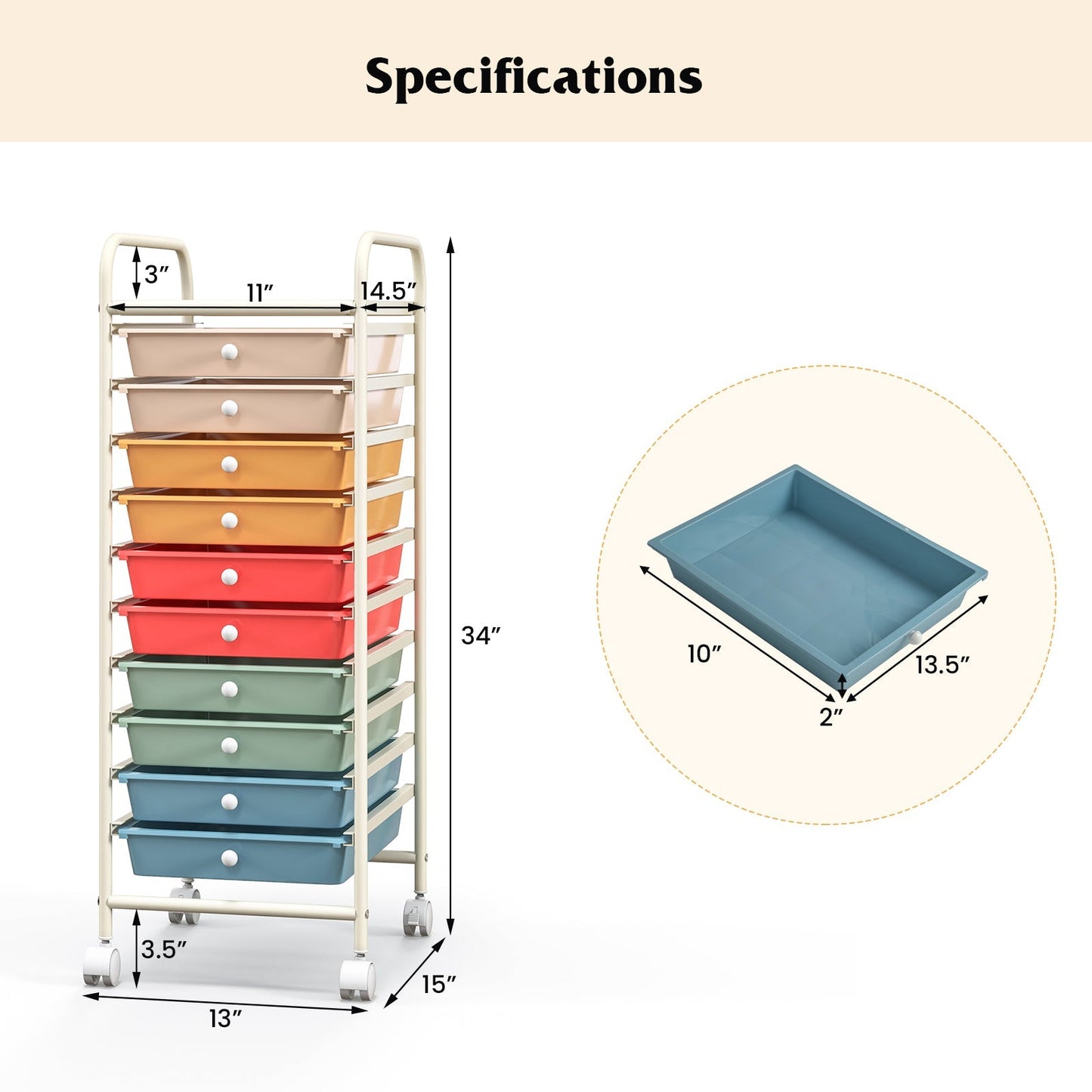 10 Drawer Rolling Storage Cart Organizer with 4 Universal Casters