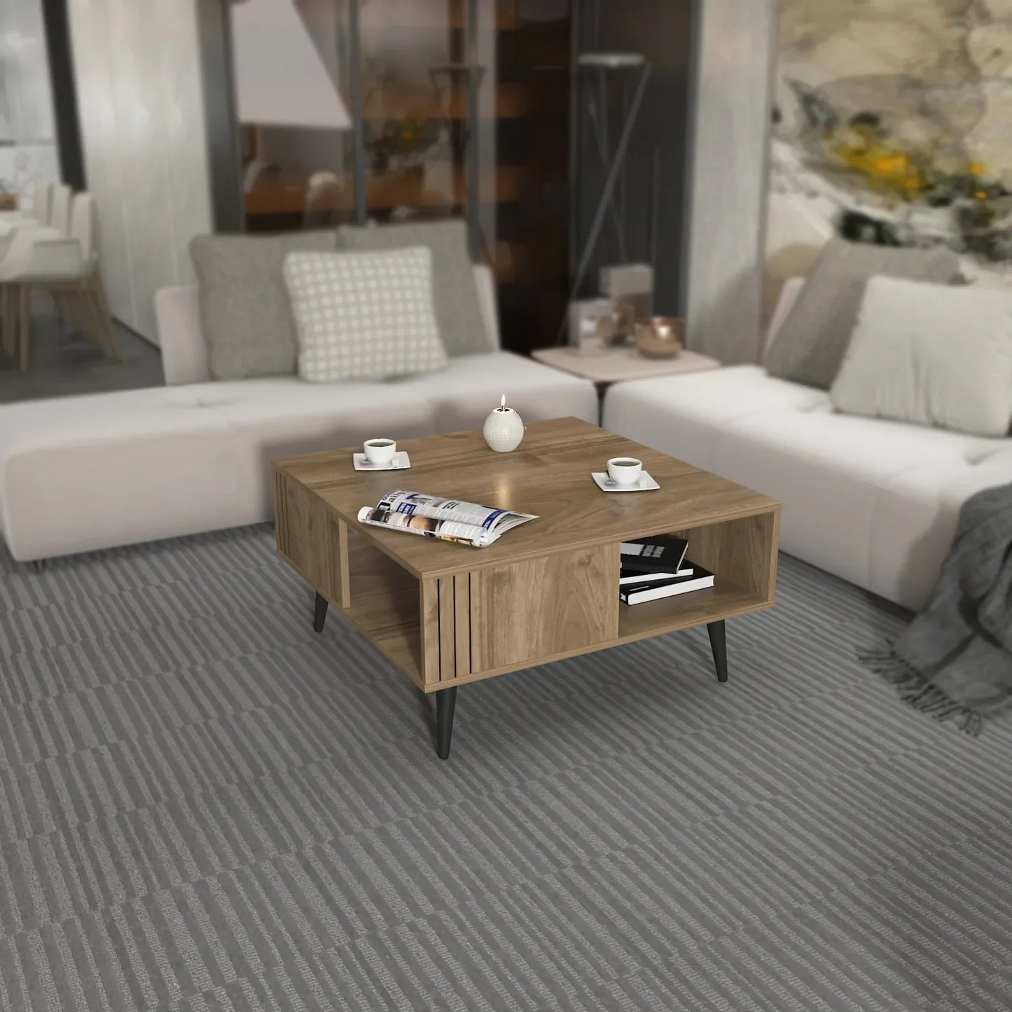 Ronas 35 inch Wide Square Coffee Table with Open Shelf Storage | Cocktail Table