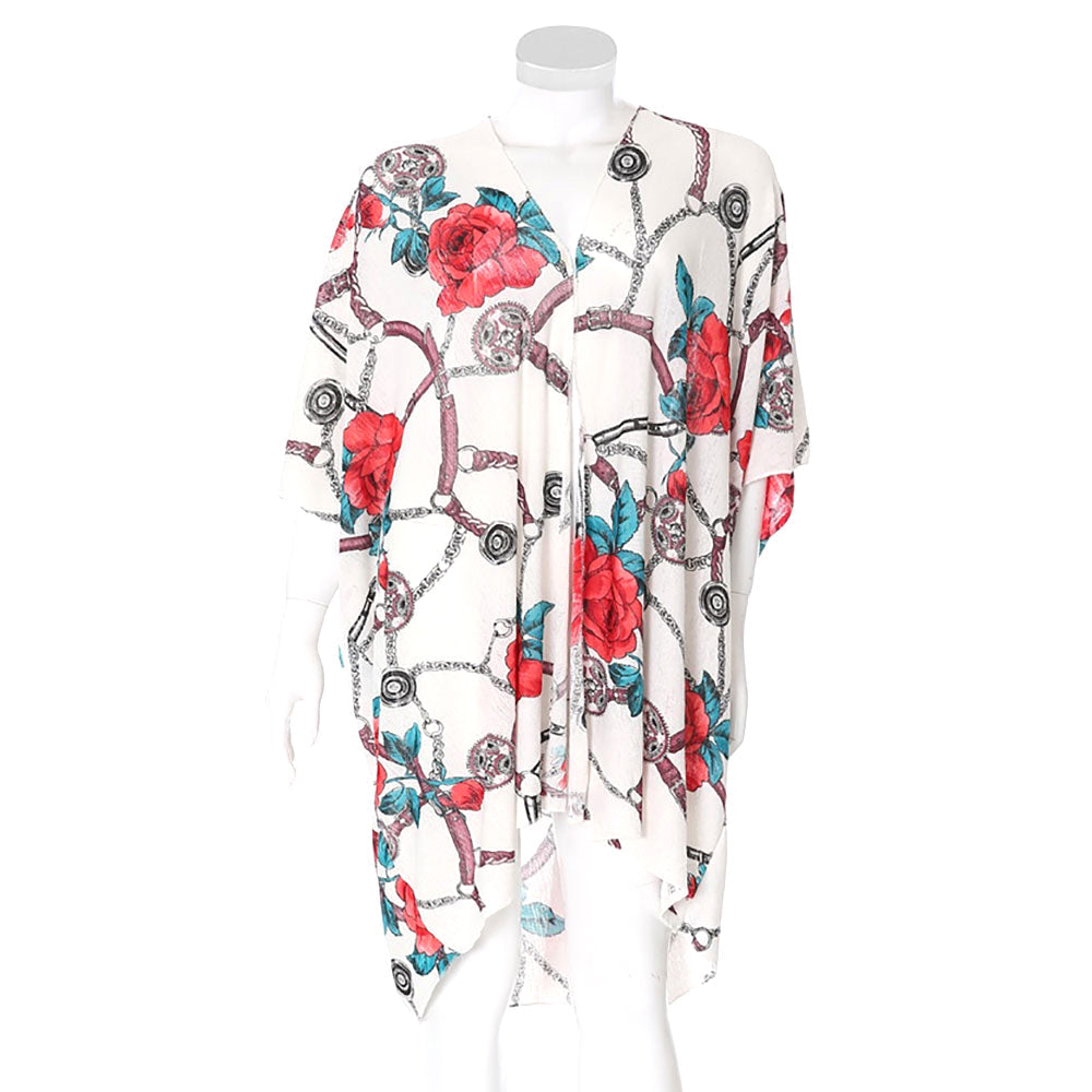 Rose Flower Chain Print Cover Up Kimono Poncho Beachwear