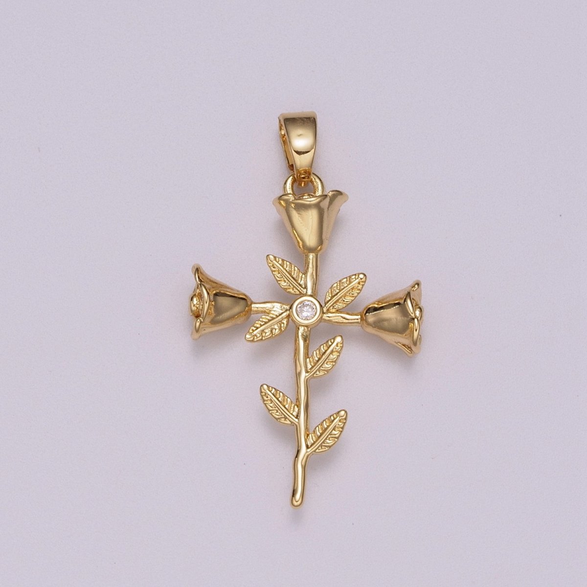 Rose Flowers and Leaves Crucifix Cross Charm 18K Gold Filled Pendant for Necklace Bracelet Earring N-1426